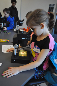 Elementary student looking in a microscope
