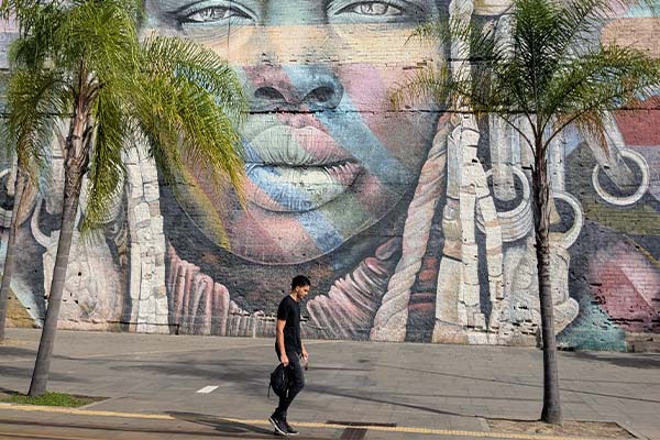 A person walking in front of a wall mural in Brazil