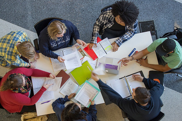 Overhead view of students working at a table